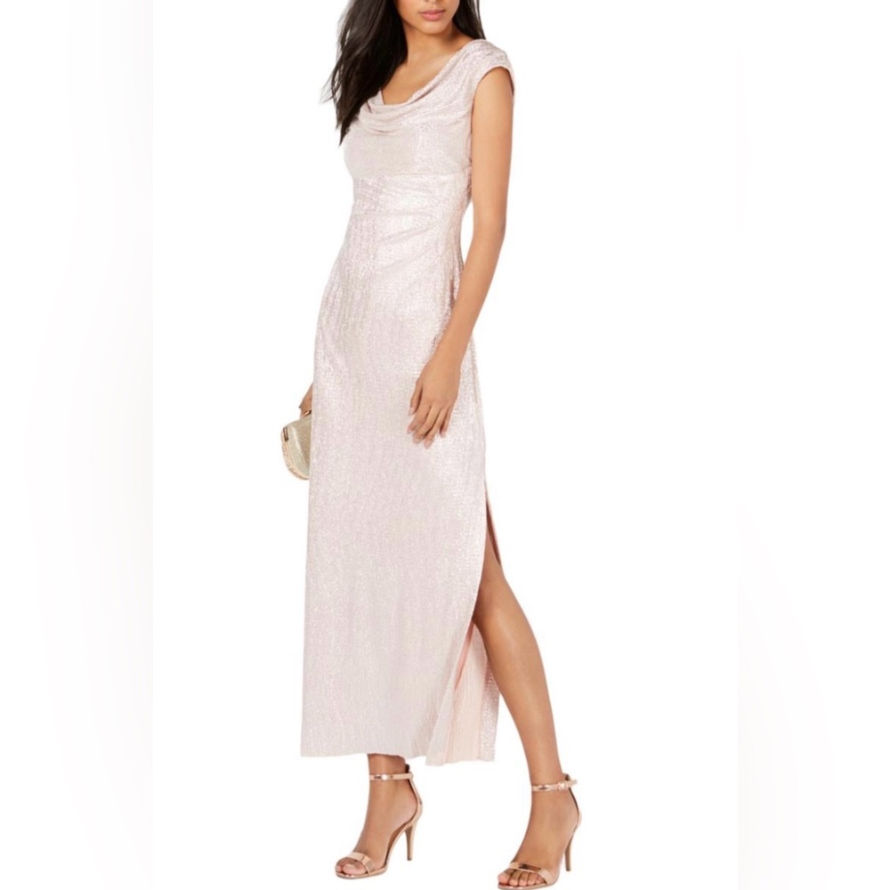 Connected Apparel Champagne Metallic Formal Gown Size 6 Elegant Evening Maxi